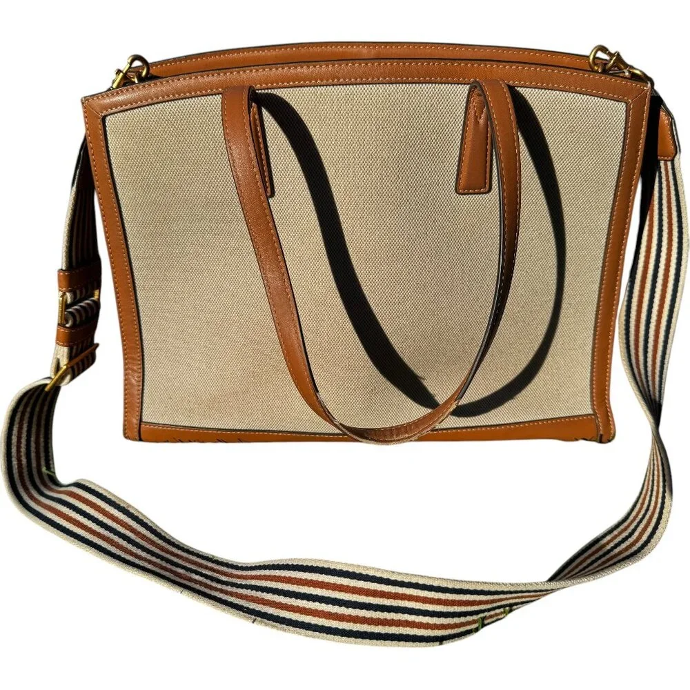 Tory Burch Walker Canvas Satchel in Natural with Striped Strap - Picture 3 of 16